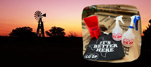 Producers Coop Feed Scoop Spray bottles and t-shirt on Producer's feed bags
